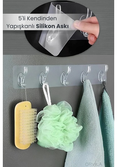 5'li Kendinden Yapışkanlı Şeffaf Silikon Askı