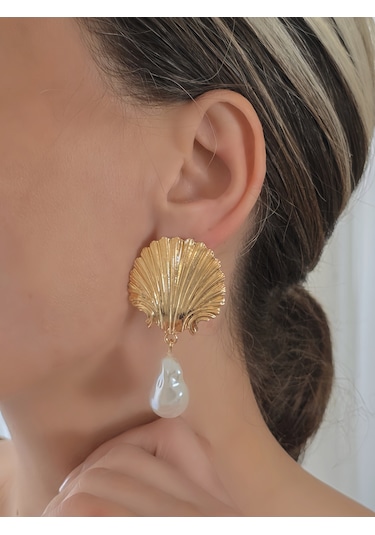 İstiridye Midye İnci Model Sallantılı Vintage Küpe Gold