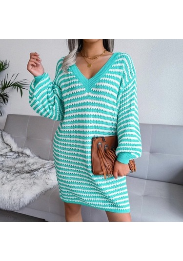 Novahub Kadın Sonbahar Kış V Boyun Uzun Kollu Yün Elbise - Camgöbeği Renkli Şerit Oyma Camgöbeği