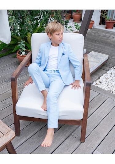 Erkek Çocuk Mavi Takım Elbise Keten Spor Takım Ceket Pantolon Tişort 3-14 Yaş Mavi