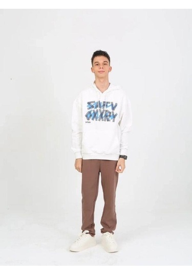 Erkek Çocuk Yazı Detaylı 2 İplik Kapüşonlu Sweatshirt-15229 Ekru