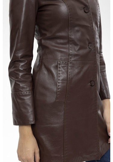 Care Kahve Düğmeli Dar Fit Kesim Astarlı Kısa Hakiki Kadın Deri Kaban-kahve Kahverengi