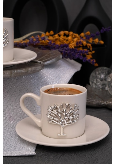 Hayat Ağacı Platin Kabartma Motif 4 Parça 2 Kişilik Kahve Fincan Takımı