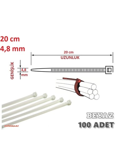 100 Adet 20cmx4,8mm Beyaz Plastik Cırt Kelepçe Kablo Bağı
