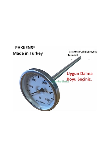 63 MM 500 C Derece 25 Cm Dalma Boylu Fırın Termometresi Pakkens