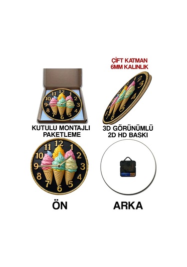 Renkli Dondurma Külahlı Mdf Duvar Saati 3d Görünümlü, Sessiz Mekanizmalı, 2d Hd Baskı Sdw241 Renkli