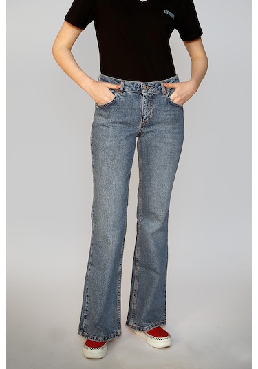 Lee Cooper Luna Yüksek Bel İspanyol Paça Kesim Geniş Paça Mavi Kadın Jean Pantolon-19138 Denim
