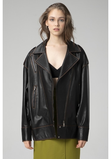 Siyah/taba Dericlub Wm019 Oversize Biker Hakiki Deri Kadın Mont