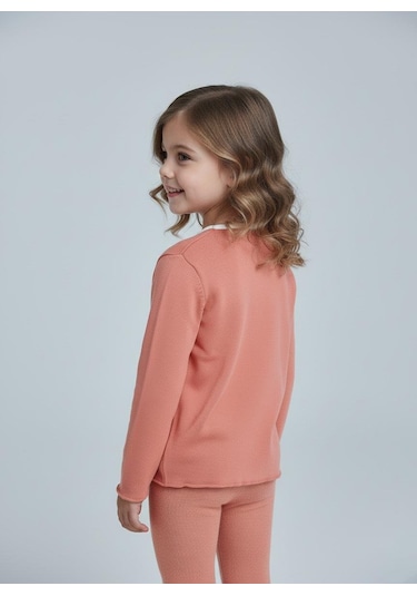 Kız Çocuk Fitilli %100 Pamuklu Düğmeli Hırka Kiremit