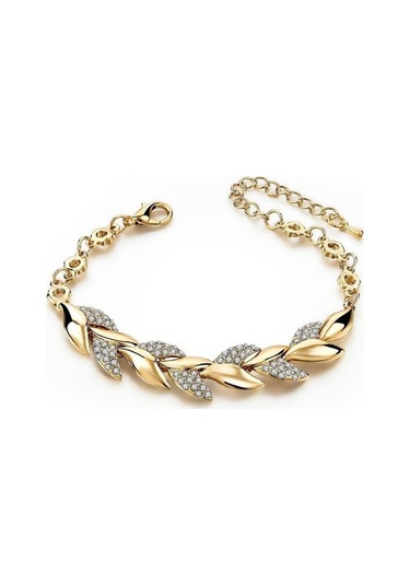 Flybuy 18 Ayar Altın Yaprak Bileklik, Pırlanta Detaylı Moda Düğün Takı Kadın Bileklik Sarı Altın Takı Sarı Altın