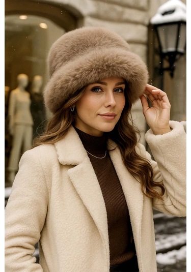 Kadın Kürklü Bucket Kalpak Şapka 1142 Rkş-15 Vizon Vizon