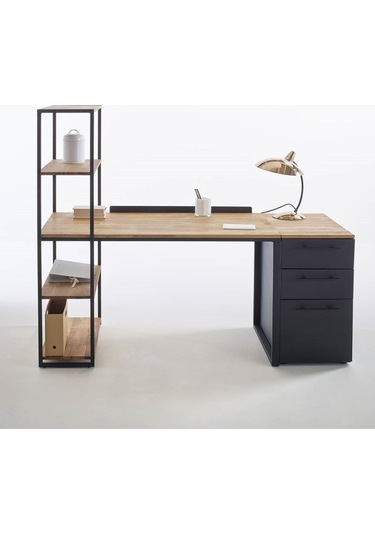 Dou Metal Raflı Masif Panel Doğal Ahşap Çalışma Masası Siyah