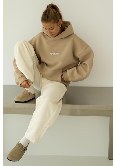Benroma 3 İplik Penye Peteet Studıos Baskılı Unisex Kapüşonlu Sweat Bej