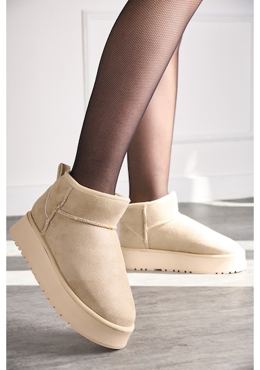 400U Kalın Taban Ultra Mini Süet Günlük Kadın Bot – Bej
