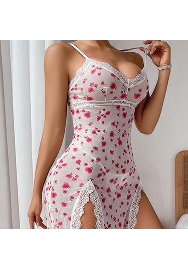 Kadın Seksi Gecelikler Kiraz Baskılı Dantel Detaylı Derin V Yaka Gömlek Gecelik Şeffaf Yan Yırtmaçlı Gecelik Beyaz