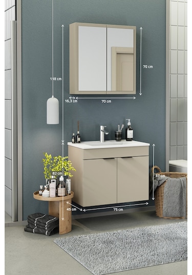 Biani Fix Loft 75 Cm Banyo Dolabı,Seramik Lavabolu, Aynalı,Lavabo Dahil,Mdf,Latte