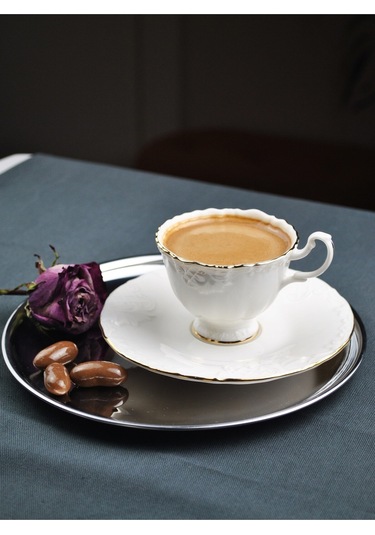 6 Kişilik Porselen Kahve Fincanı Seti Gold Yaldızlı Kahve Fincan Takımı- Rosemary 90ml Beyaz