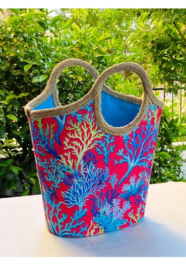Jüt Hasır Rengarenk Mercan Plaj Çantası Çok Renkli