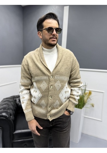 Avni Ceylan Retro Desenli Şal Yaka Erkek Triko Hırka Bej