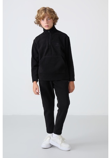 Tommy Life Siyah Kalın Yumuşak Dokulu Standart Fit Nakışlı Polar Erkek Çocuk Eşofman Takım - 11218 Siyah
