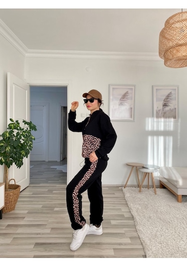 Modasize Kadın Uzun Kollu Leopar Detay Sweat Ve Yanı Leopar Şerit Detay Pantolon Ikili Takım Siyah