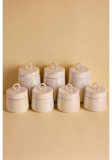 Luca Luster 7'li Ergonomik Porselen Baharatlık Seti Yuvarlak Kulplu Kapaklı Set Beyaz Beyaz