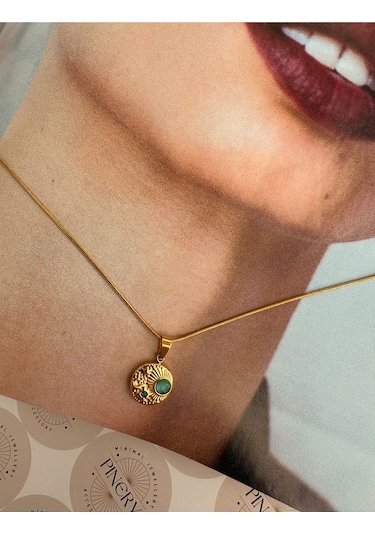 Firüze Taşlı Minimal Paslanmaz Çelik Kararmaz Kadın Kolye Moder Altın