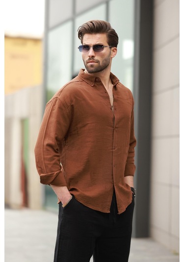 Madmext Kahverengi Basic %100 Pamuklu Uzun Kollu Erkek Gömlek E6761 Kahverengi