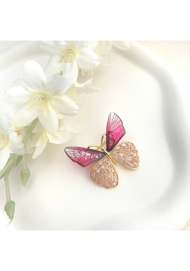 Broş Kadın Altın Kaplama Zirkon Taşlı Kelebek Yaka İğnesi Broş Ro Altın - Kırmızı