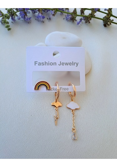 Dali Shop Gökkuşağı Bulut Figürlü 3'lü Küpe Gold