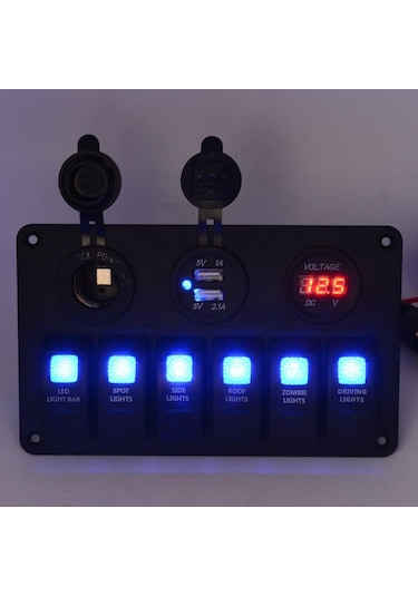 Sealux Switch Panel 6 Li 12V.Usb.Voltmetre 111X180Mm Mavi Ledli Mavi