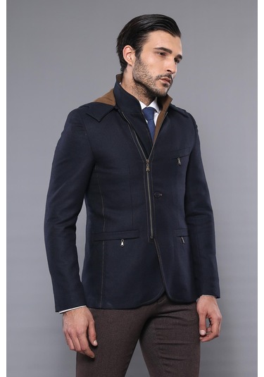 3 Cepli Kapüşonlu Fermuarlı Yün Lacivert Kısa Kaban - Wessi Siyah