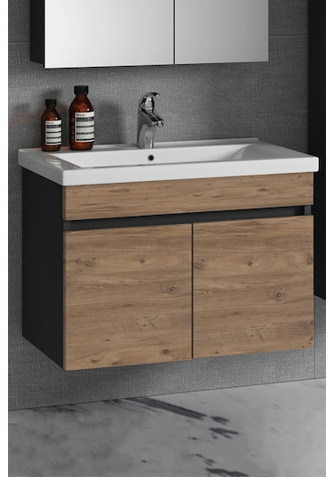 Çiğdem 80 Cm Antrasit Gri Mat-Atlantik Çam Mdf Banyo Alt Dolabı Antrasit - Atlantik Çam