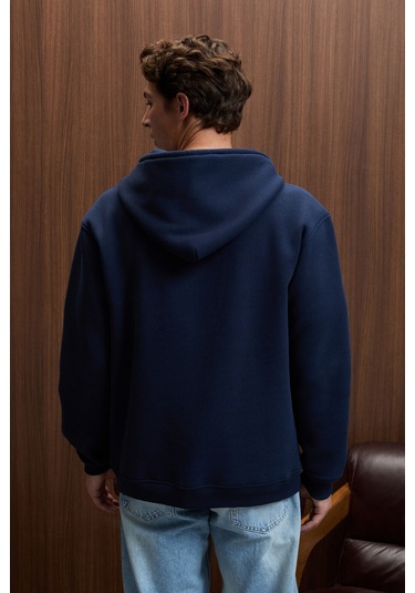 JUSTUS Erkek Kapüşonlu Kanguru Cepli Fermuar Yakalı Lacivert Sweatshirt