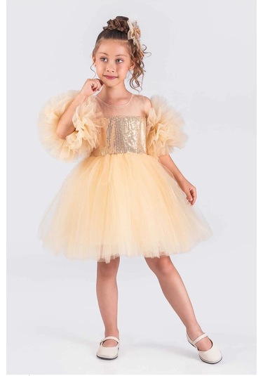 Kız Çocuk Abiye Elbise Ponpon Kol Pul Payetli Tütülü Altın