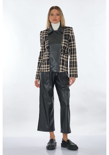 Unique Mode Gömlek Yaka Ekose Desenli Siyah Kadın Ceket Uw243001 001