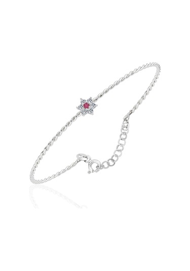 Altın Bilezik - Ortası Yakut Taşlı Çiçek 14 Ayar Altın Bilezik Beyaz