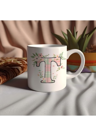 T Harfli Çiçek Desenli Kupa Bardak - Ekose Desenli Yeşil Pembe Desenli Tasarım - Kişiye Özel Hediye Beyaz