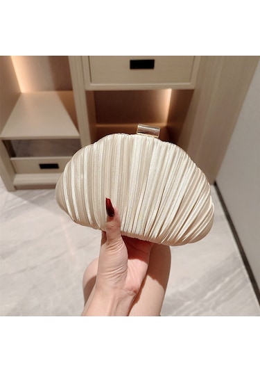 Romantik Deniz Kabuğu Şekilli Şık El Çantası, Gece, Düğün, Kokteyl, Parti İçin Zincir Askılı Omuz Çantası Altın - Bej