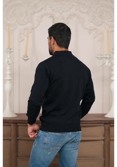 Woolen World Polo Yaka Cepli Armürlü Yünlü Erkek Triko Kazak Lacivert