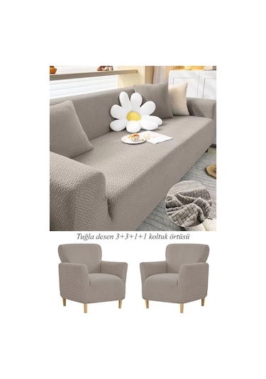 StarMall Tuğla Desen Koltuk Örtüsü Çekyat Kılıfı 3311 Takım Vizon