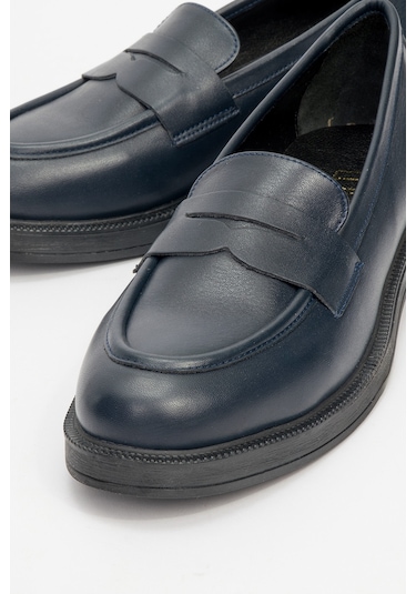 Pline Laci Cilt Hakiki Deri Kadın Loafer Ayakkabı Lacivert