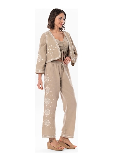 Uzun Kol Günışığı Büzgü Detaylı Yazlık Müslin Bluz Vizon Vzn-vizon Vizon