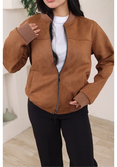 Bomber Kolej Su Geçirmez Ceket Kahverengi Süet