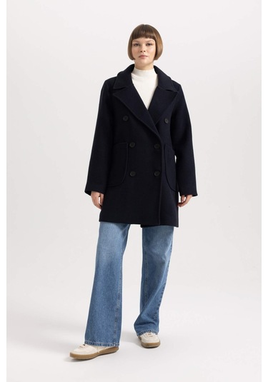 Defacto Regular Kalıp Kruvaze Yaka Düğmeli Cepli Yünlü Hafif Uzun Kaşe Kaban A9899AX23WNNV176 Lacivert