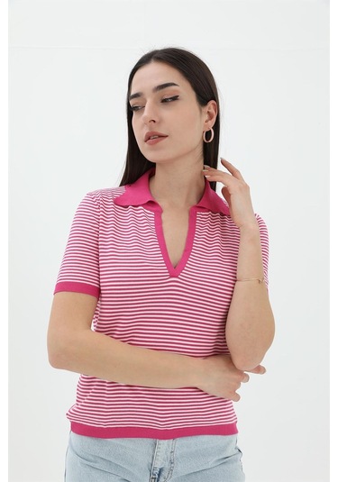 İnce Çizgili Polo Yaka Triko Kazak - Fuşya - Kadın