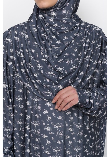 Pratik Tek Parça Çiçek Desenli Kollu Tak Çıkar Başörtülü Likralı Tesettür Namaz Elbisesi 990-0201 Siyah Antrasit