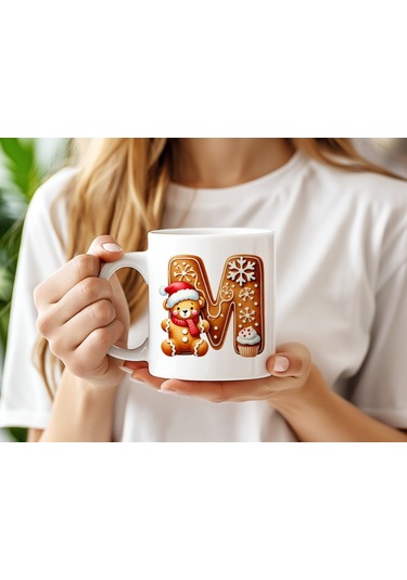 M Kurabiye Harf Ve Ayıcık Detaylı Kupa Bardak - Yeni Yıl / Yılbaşı Temalı Tasarım - Noel Hediye Beyaz