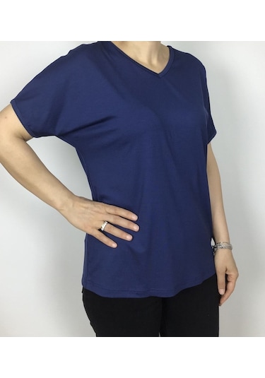 Kısa Kol V Yaka Likralı Düz Penye Bluz Mavi