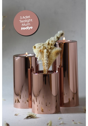 3 Lü Bakır Krom Parlak Yüzey Mumluk Dekoratif Tealight Set Mum